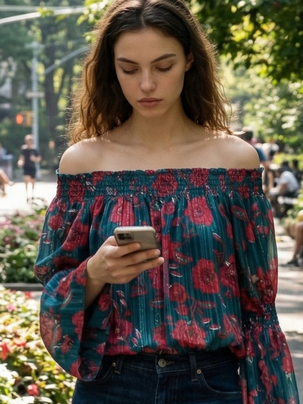 🌸Charming Charlie Floral Scoop Neck Women's Babydoll Top Teal Red Shiny Boho🌸